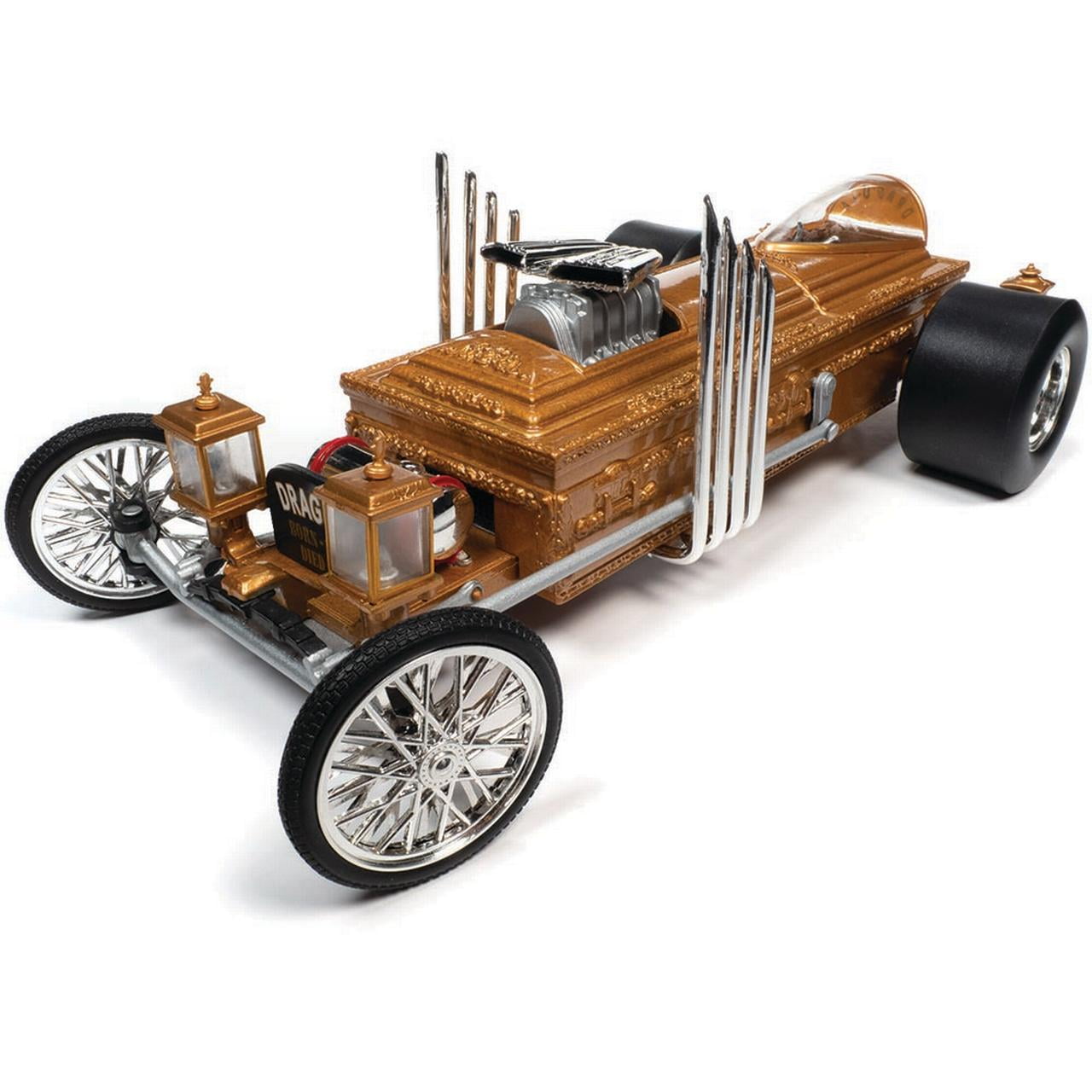 Picture of AutoWorld AWSS137 Silver Screen Machines Series 1 by 18 Scale Diecast Model for George Barris Drag-U-lA Gold The Munsters TV Series
