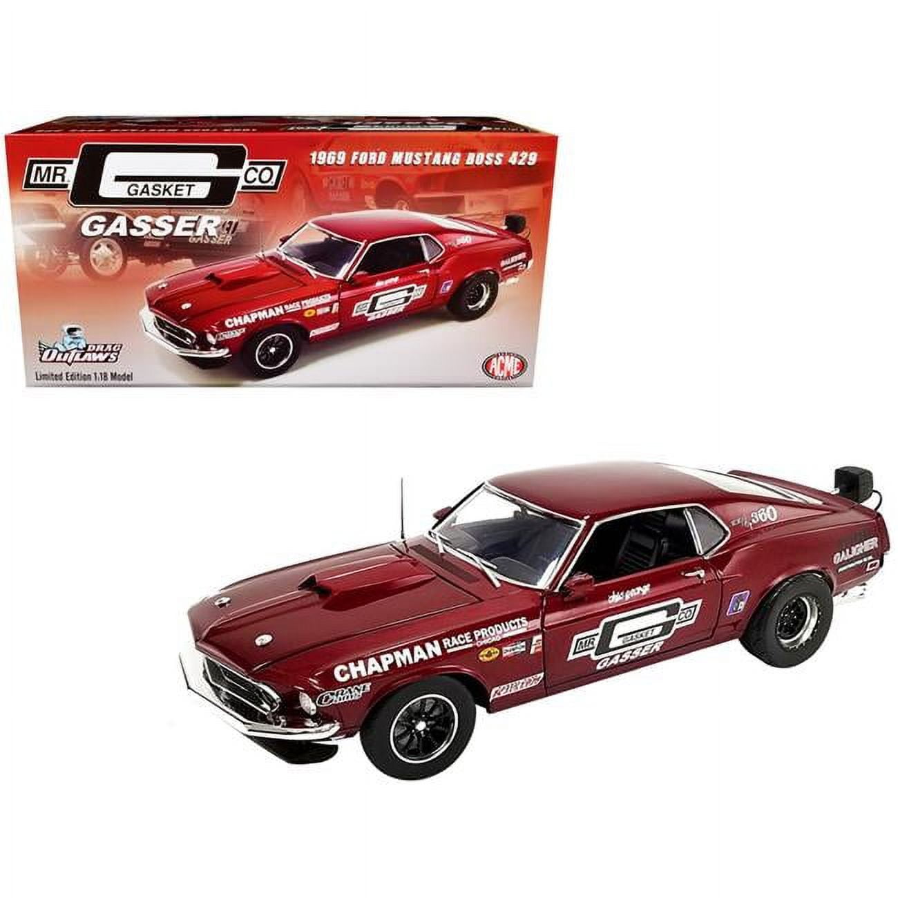 Picture of Acme A1801854 1969 Ford Mustang BOSS 429 Gasser Dark Red Metallic Mr. Gasket Co. Drag Outlaws Series Limited Edition Worldwide 1-18 Diecast Model Car - 870 Piece