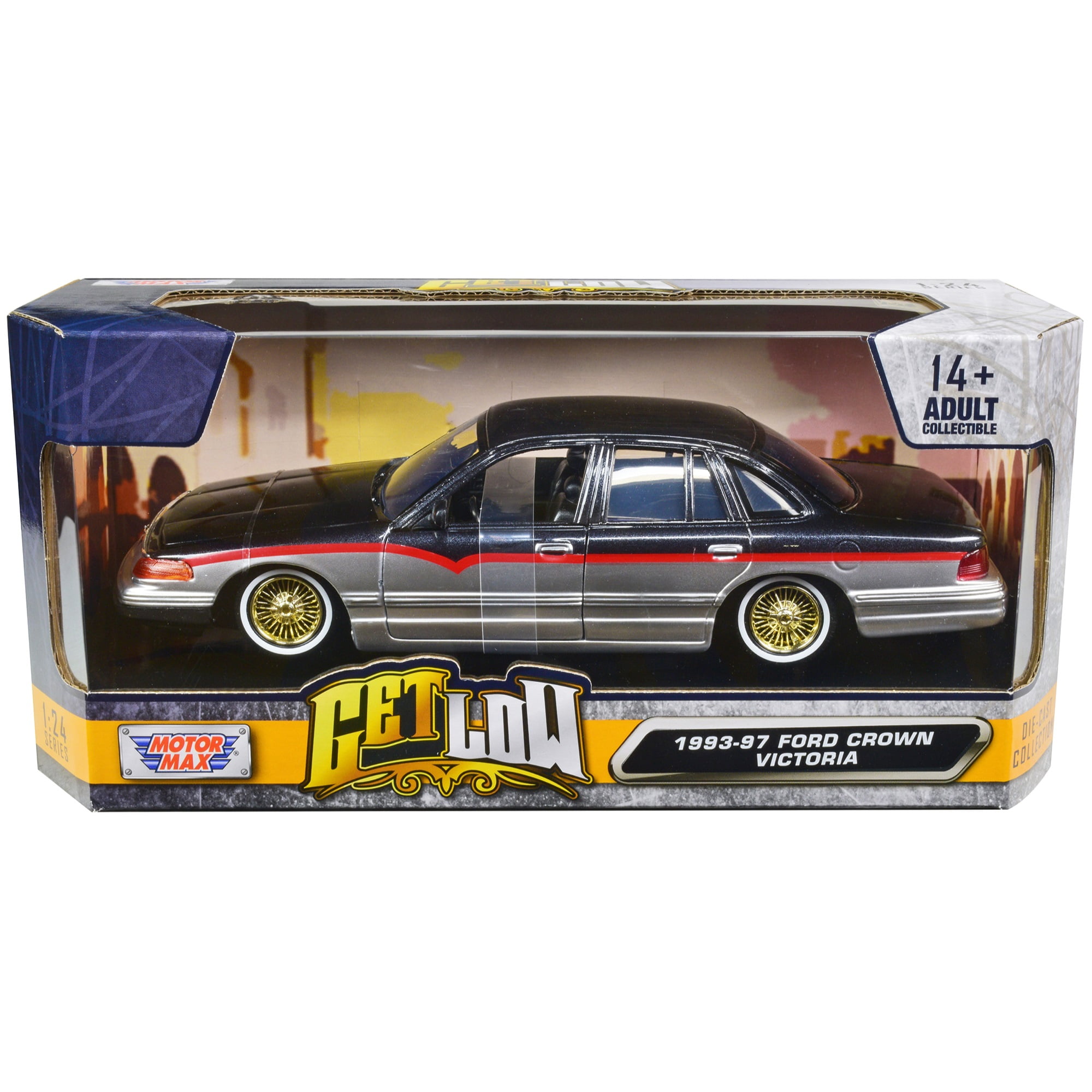 79024bk 1993-1997 Ford Crown Victoria Lowrider Black Metallic & Silver with Red Stripes Get Low Series 1-24 Diecast Model Car -  MOTORMAX