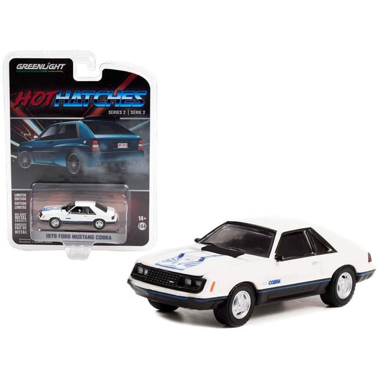 63020C 1979 Ford Mustang Cobra White with Medium Blue Glow Graphics Hot Hatches Series 2 1-64 Diecast Model Car -  GreenLight
