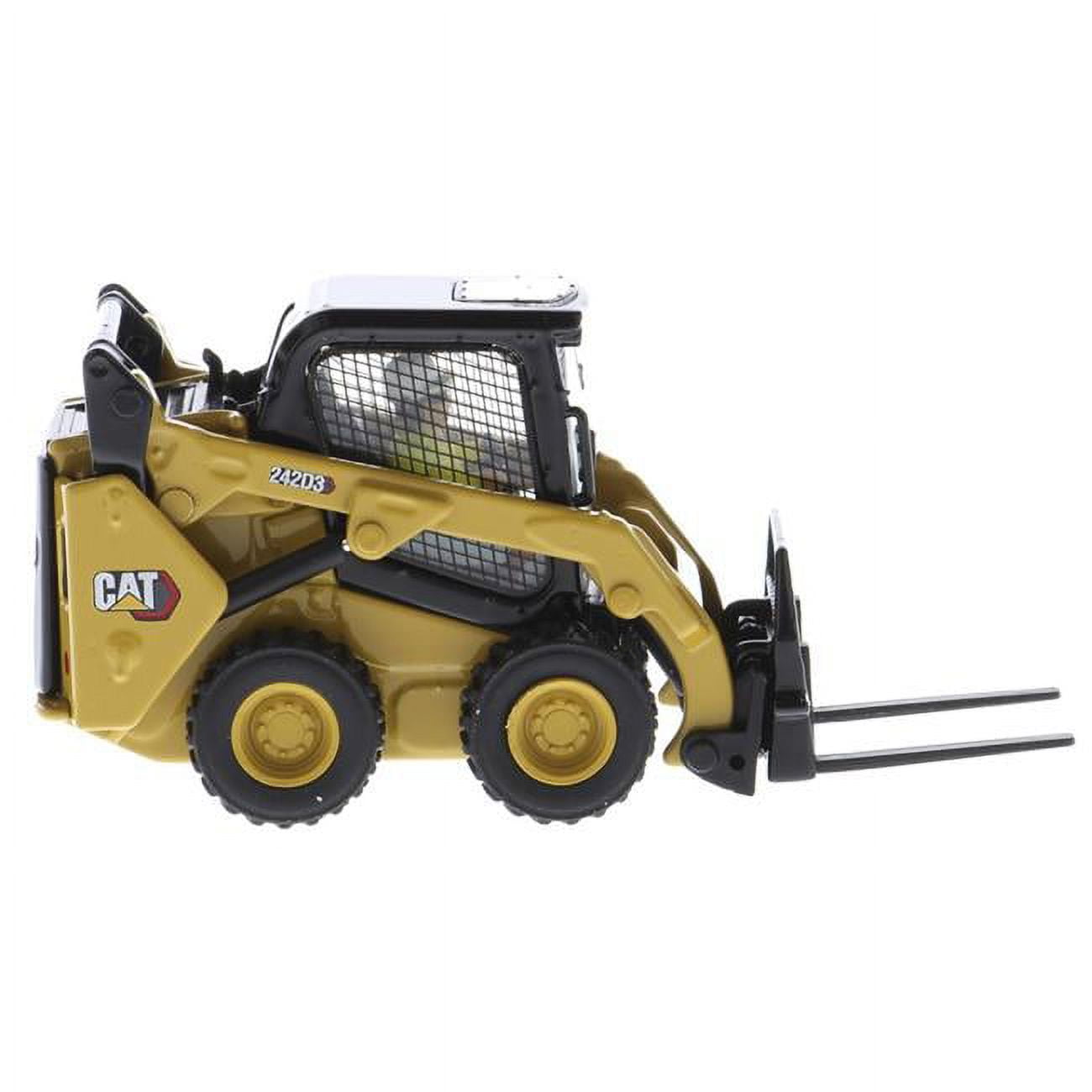 85676 CAT Caterpillar 242D3 Wheeled Skid Steer with Work Tools & Operator High Line Series 1 by 50 Scale Diecast Model Loader, Yellow