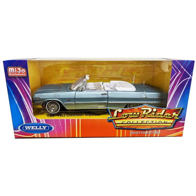 22434LRW-BL 1963 Chevrolet Impala Convertible Lowrider with White Interior Low Rider Collection 1 by 24 Scale Diecast Model Car, Light Blue Metallic -  WELLY