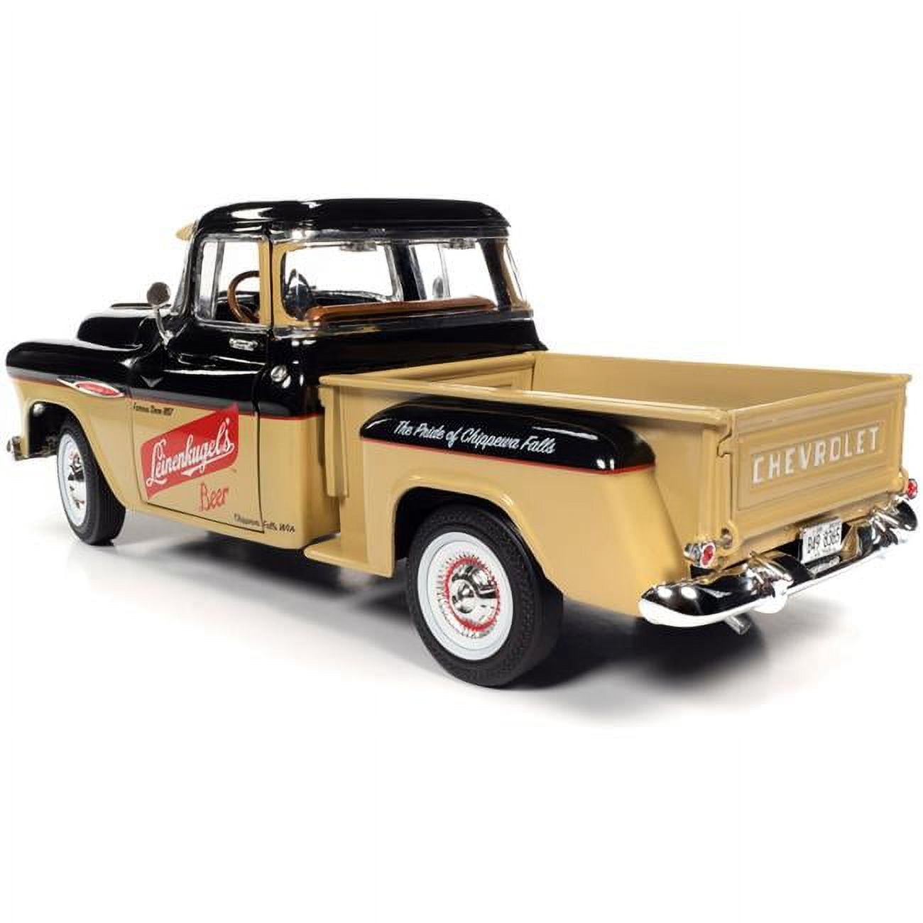 Picture of Autoworld AW311 1957 Chevrolet 3100 Stepside Pickup with Graphics Leinenkugles Beer The Pride of Chippewa Falls 1 by 18 Scale Diecast Model Truck&#44; Black & Tan