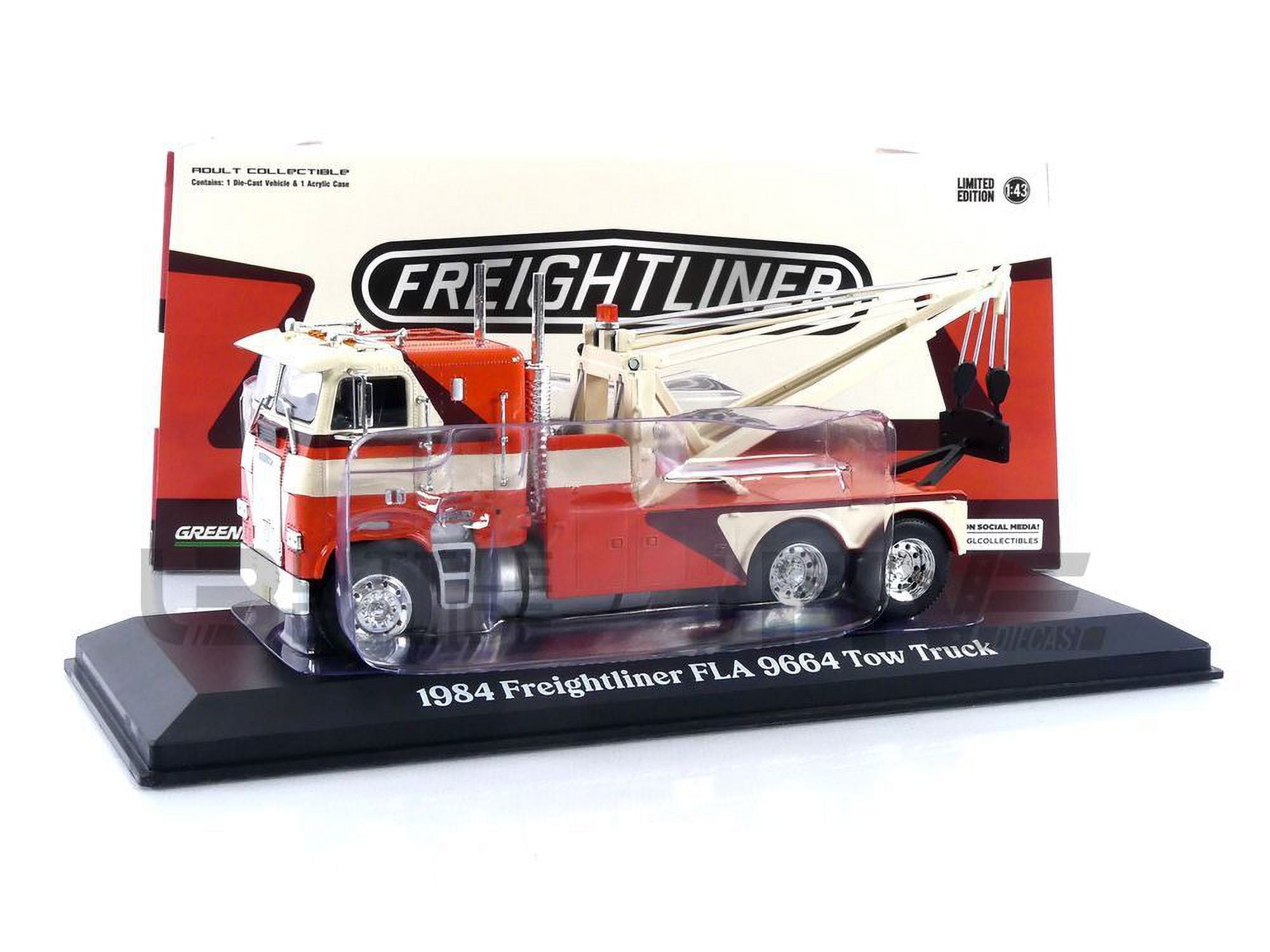 86631 1984 Freightliner FLA 9664 Tow Truck with Brown Graphics 1 by 43 Scale Diecast Model Car, Orange & White -  GreenLight