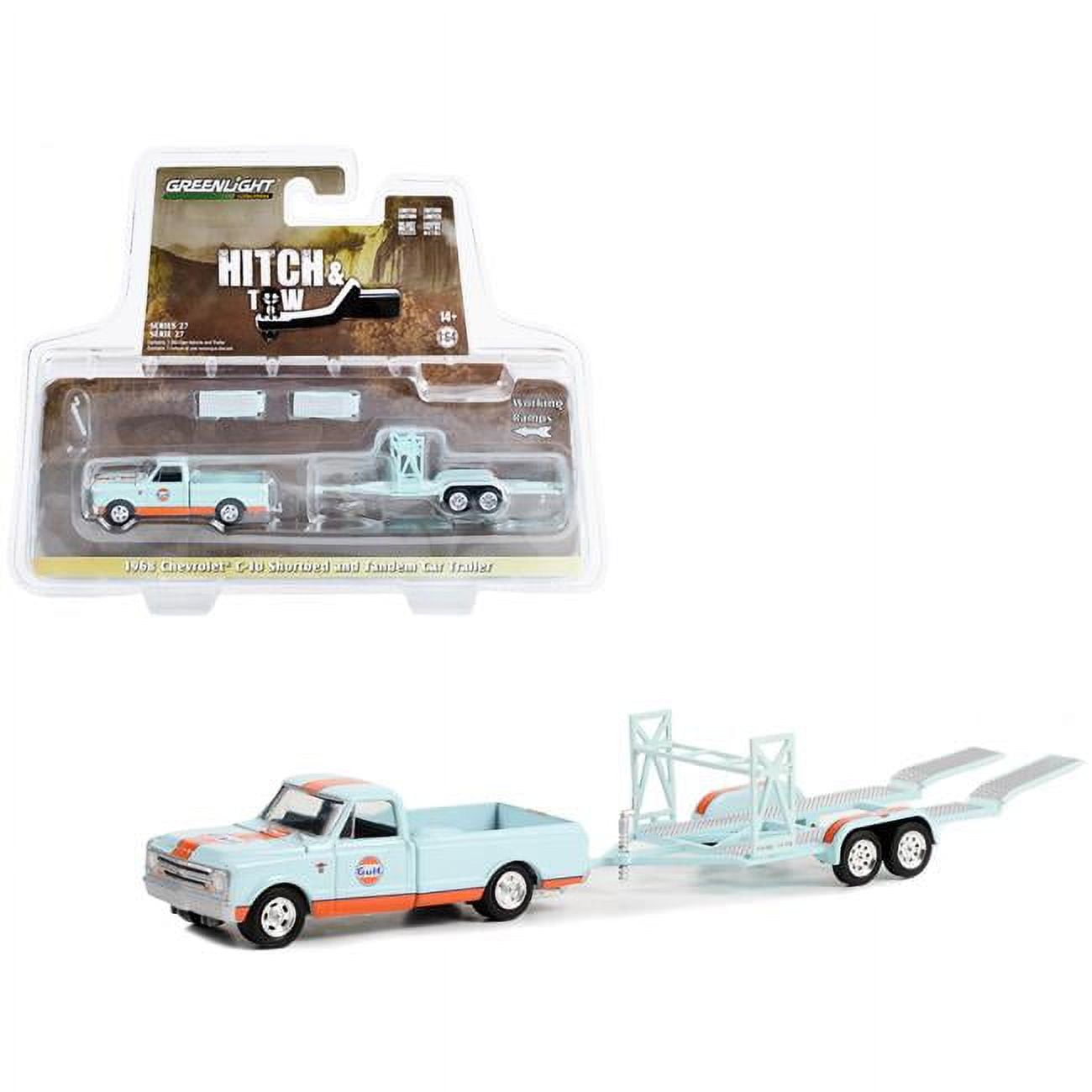 1968 Chevrolet C-10 Shortbed Pickup Truck & Tandem Trailer Gulf Oil HitcHand Tow Series 27 1 by 64 Scale Diecast Model Car, Light Blue & Orange -  GreenLight, 32270A
