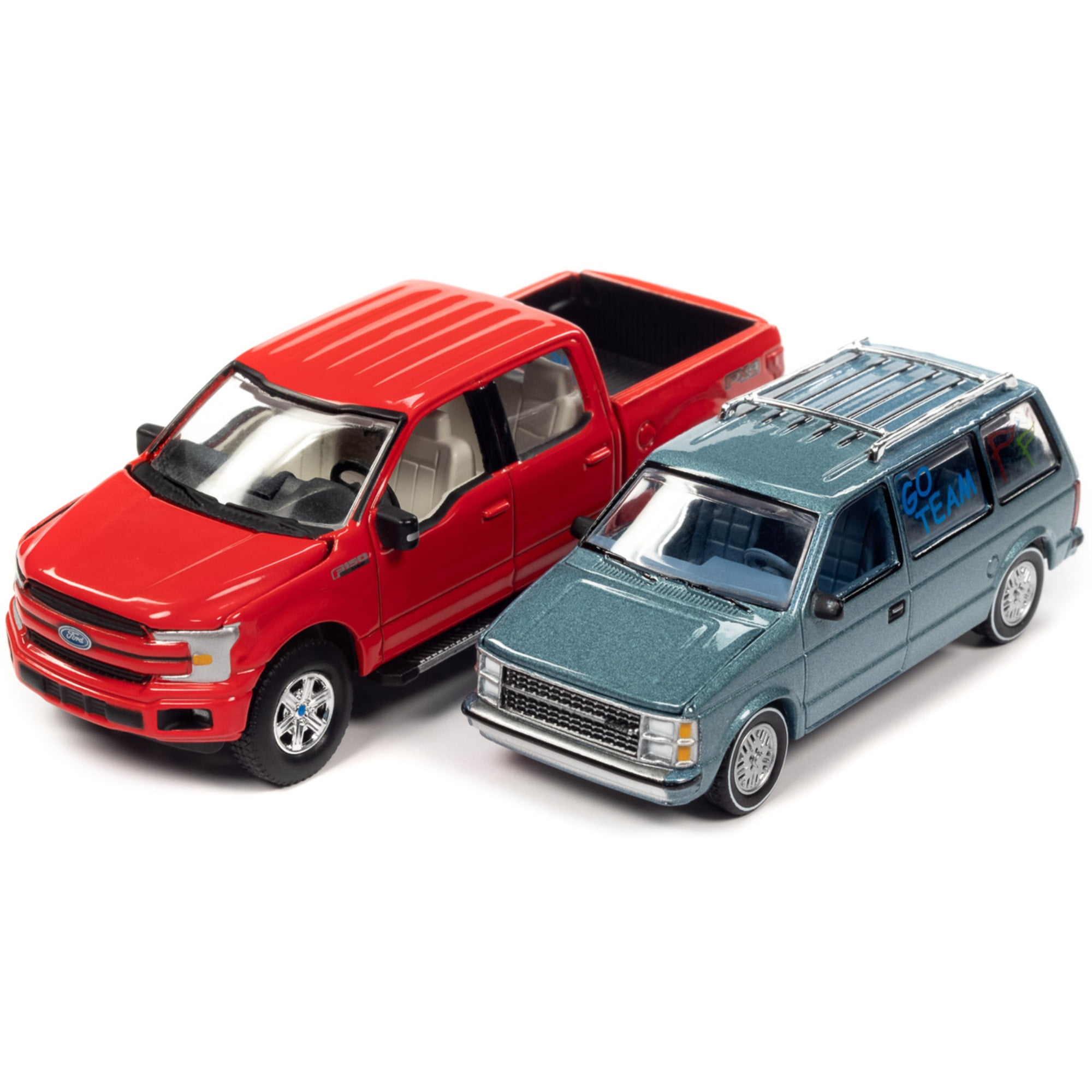 Autoworld  2018 Ford F-150 Pickup Truck Red & 1984 Dodge Caravan Minivan Blue Metallic Worlds Best Mom & Dad 1-64 Scale Diecast Model Car - Set of 2 -  AUTO WORLD, AWAC017