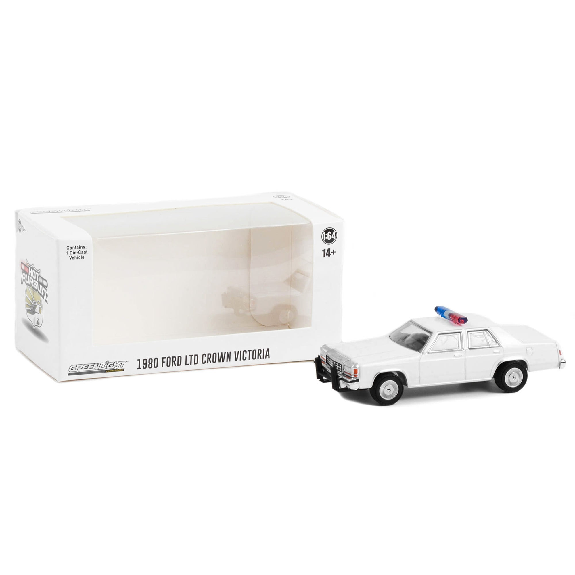 GL43007L 1 to 64 Scale 1980-1991 Ford LTD Crown Victoria Police White with Light Bar Hot Pursuit Hobby Exclusive Series Diecast Model Car -  GreenLight