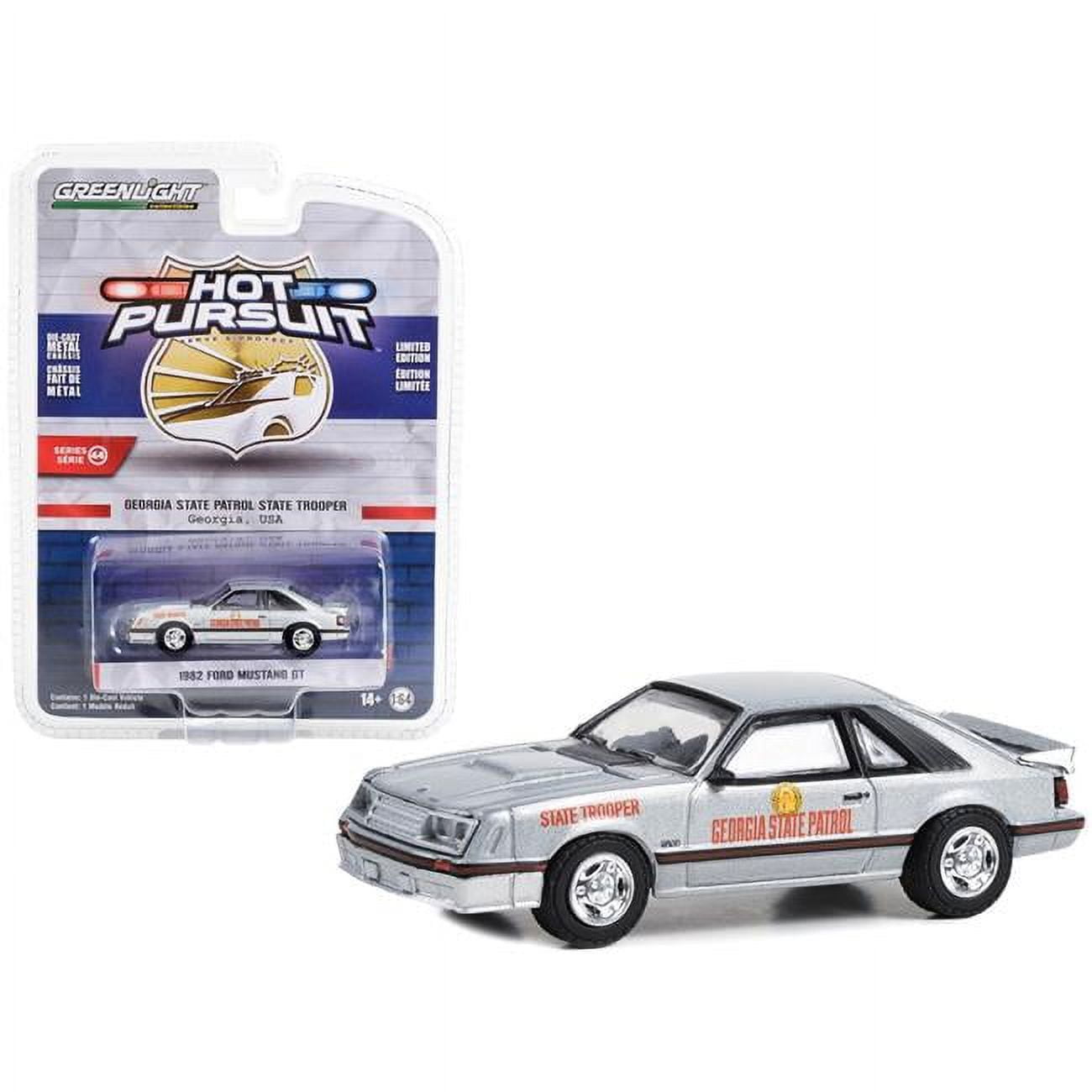 43020A 1 to 64 Scale 1982 Ford Mustang GT Silver Metallic Georgia State Patrol State Trooper Hot Pursuit Series 44 Diecast Model Car -  GreenLight