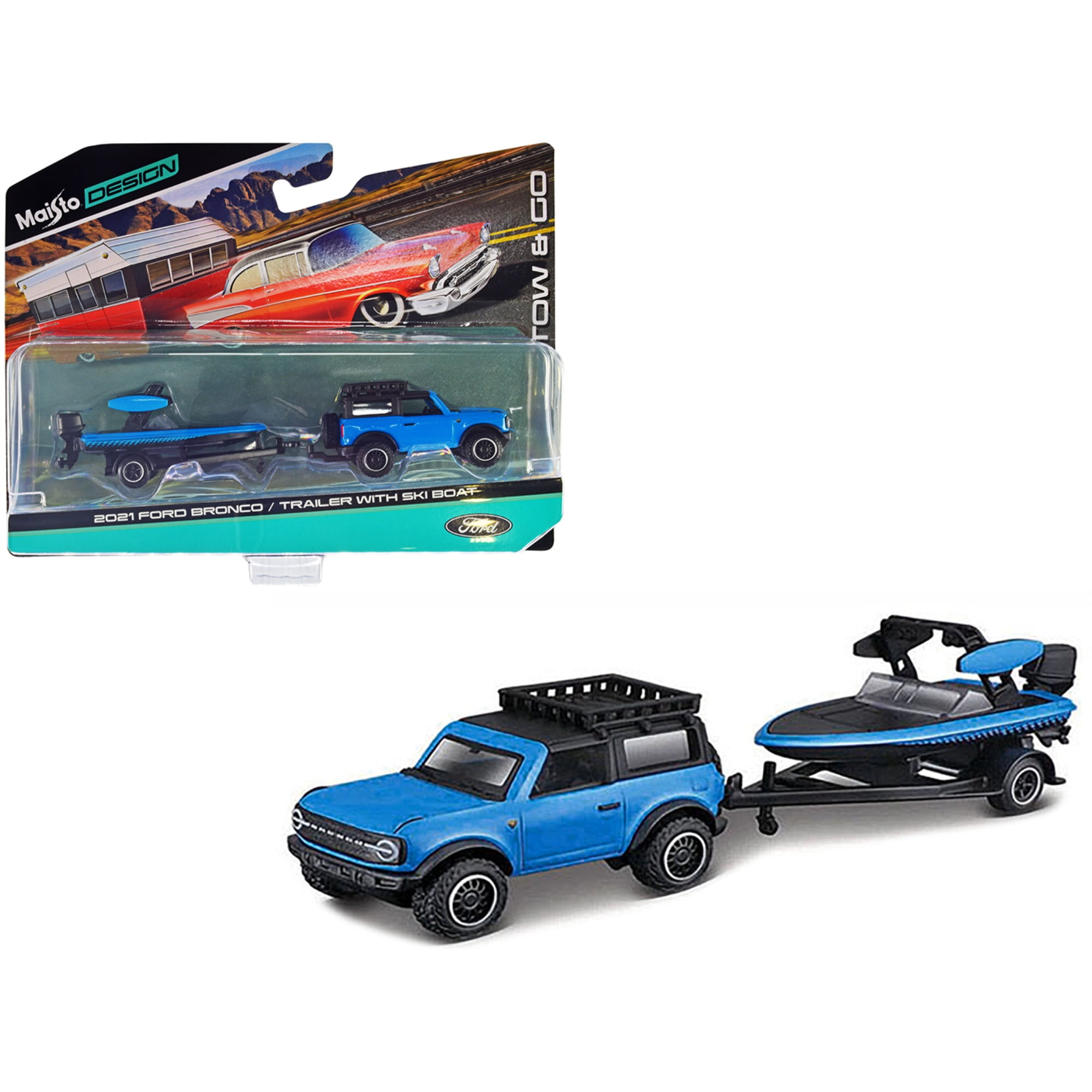 Maisto  1 to 64 Scale 2021 Ford Bronco Blue with Black Top, Roof Rack Ski Boat with Trailer Blue & Black Tow & Go Series Diecast Model Car -  Maisto International Inc, 15368-22D