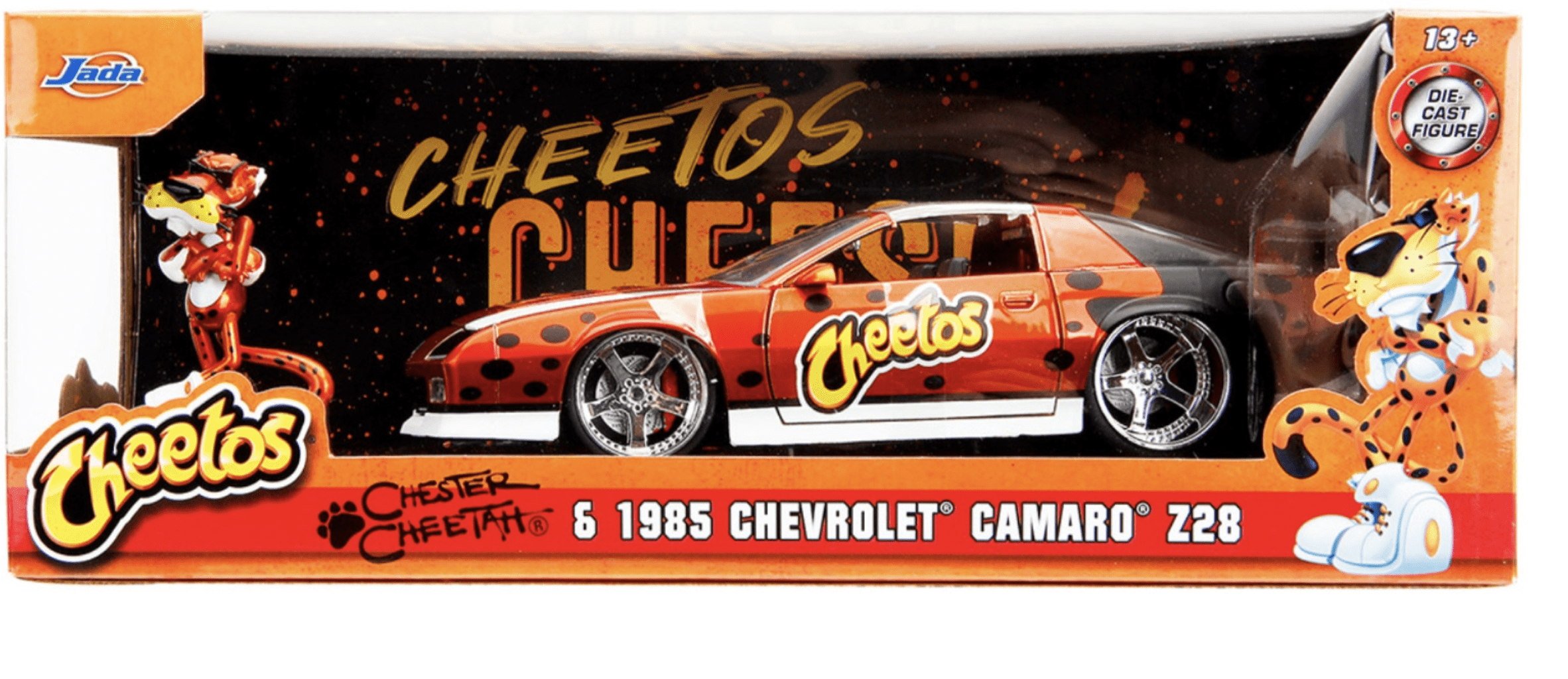 1985 Chevrolet Camaro Z-28 Orange Metallic with Graphics & Chester Cheetah Diecast Figure Cheetos Hollywood Rides Series 1-24 Diecast Model Car -  Favores, FA2944824