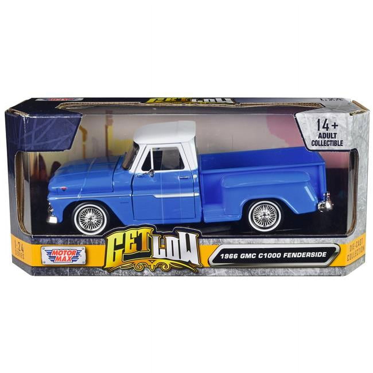 79035bl 1966 GMC C1000 Fenderside Pickup Truck Lowrider Blue with White Top Get Low Series 1-24 Scale Diecast Model Car