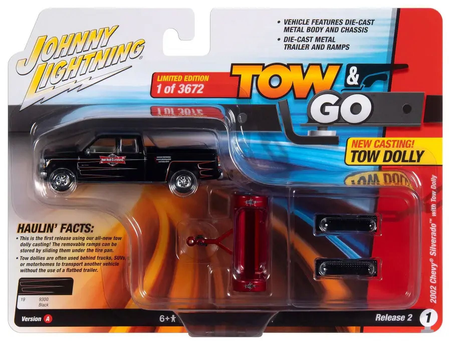 2002 Chevrolet Silverado Pickup Truck Black with Graphics Hot Rod Customs & Tow Dolly Red Tow & Go 1-64 Scale Diecast Model Car - 3672 Piece -  JOHNNY LIGHTNING, JLBT018-JLSP350A