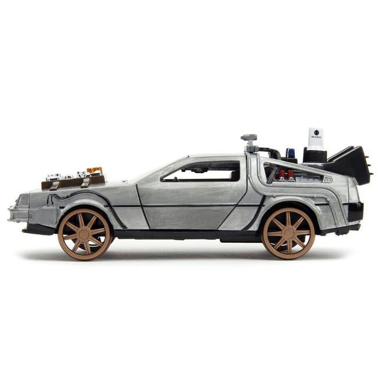 DeLorean DMC Time Machine Brushed Metal Train Wheel Version Back to the Future Part III 1990 Movie Hollywood Rides Series 1-32 Scale Diecast Model Car
