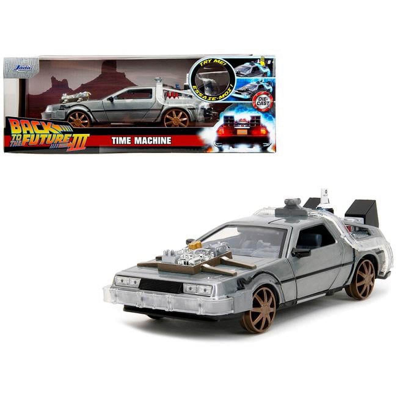 Jada  DeLorean Brushed Metal Time Machine Train Wheel Version with 1990 Movie Hollywood Rides Series 1-24 Scale Diecast Model Car