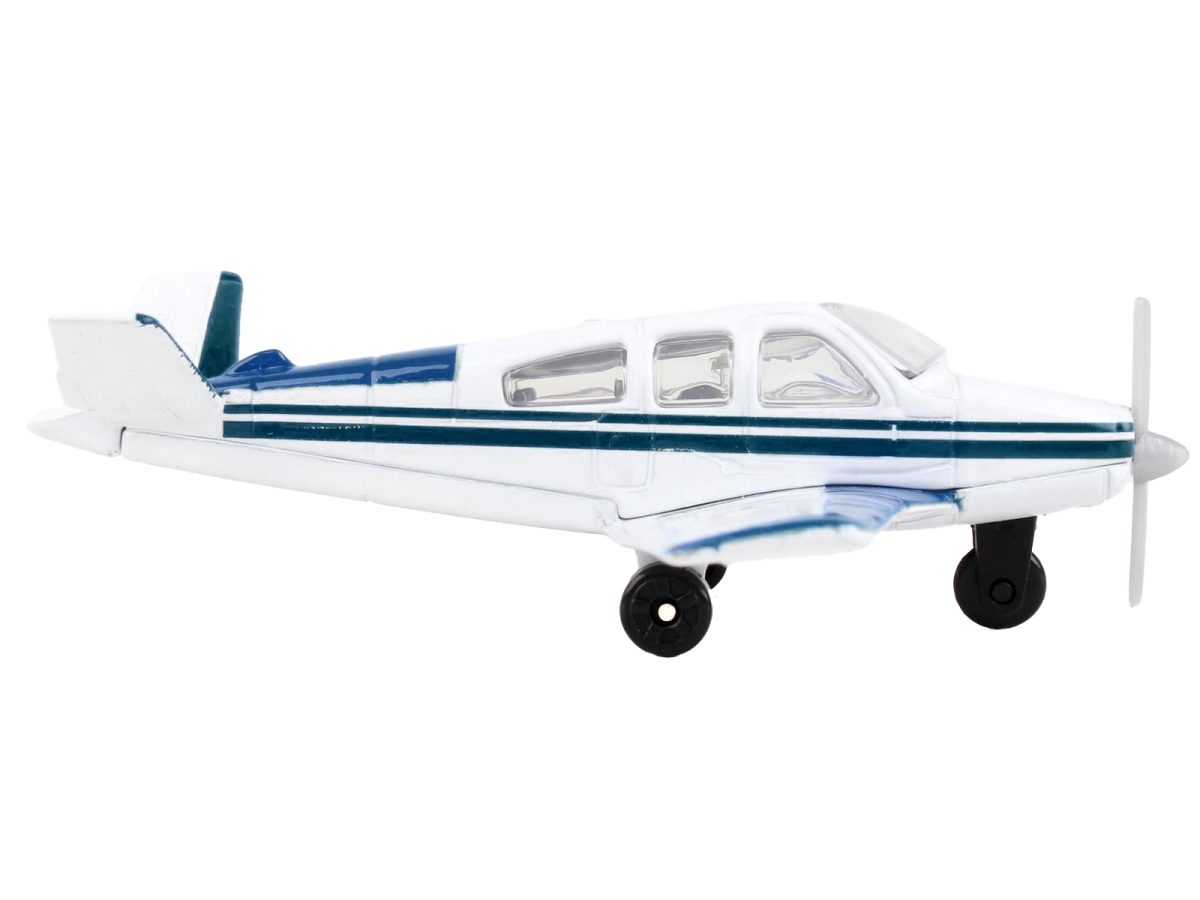 Beechcraft Bonanza Aircraft with Stripes N42997 with Runway Section Diecast Model Airplane, White & Blue