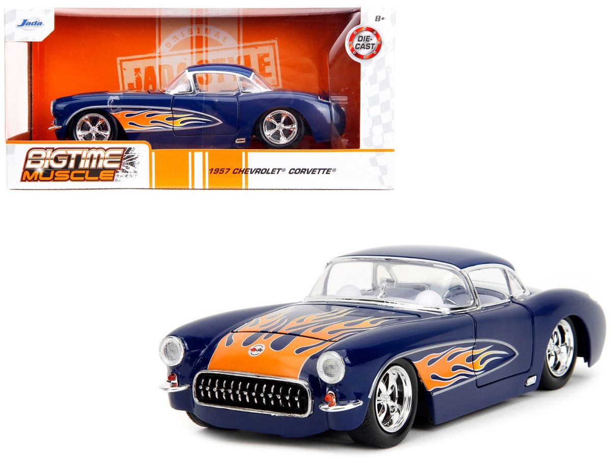 Jada 35031 1957 Chevrolet Corvette with Flame Graphics & Interior Bigtime Muscle Series 1-24 Scale Diecast Model Car, Dark Blue & White