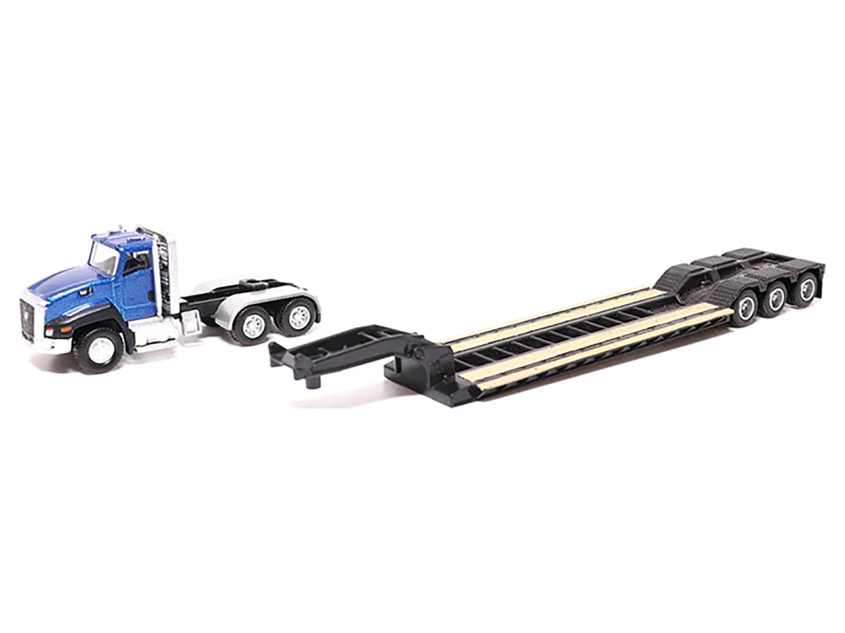 HO Scale Diecast Model Tractor with Lowboy Trailer & Excavator - Blue Metallic - 1:87 Scale - Officially Licensed