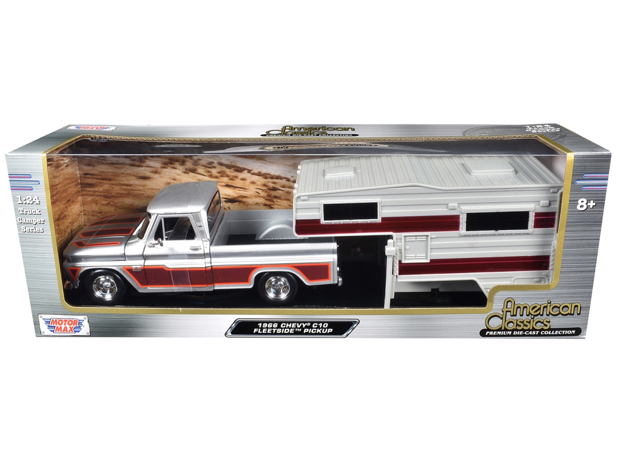 1966 Chevrolet C10 Fleetside Pickup Truck Silver Metallic with Brown Sides with Camper Shell American Classics Series 1-24 Scale Diecast Model Car