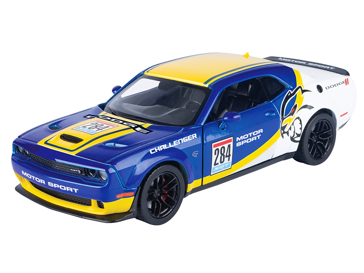 73792 2018 Dodge Challenger SRT Hellcat Widebody No.284 Blue Metallic & White with Yellow Graphics GT Racing Series 1-24 Diecast Model Car