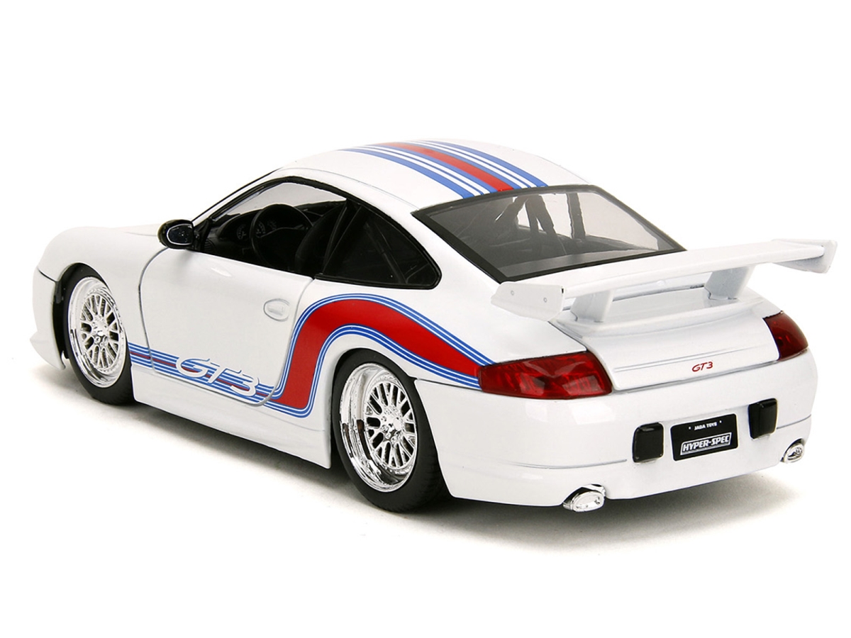Jada 35491 Porsche 911 GT3 996 White with Red & Blue Stripes Hyper-Spec Series 1 by 24 Diecast Model Car