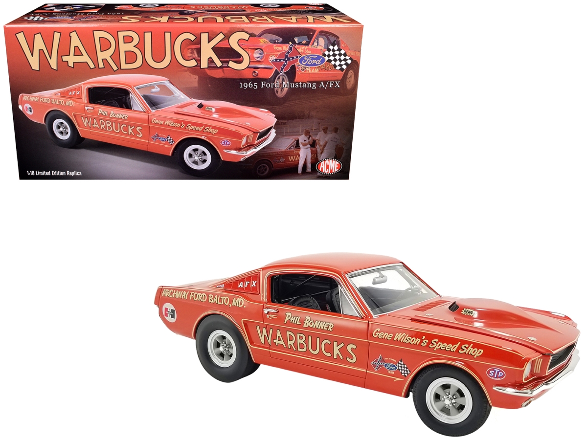 Picture of Acme A1801872 1965 Ford Mustang A-FX Warbucks - Phil Bonner Orange with Graphics Limited Edition to 372 Piece Worldwide 1 by 18 Diecast Model Car