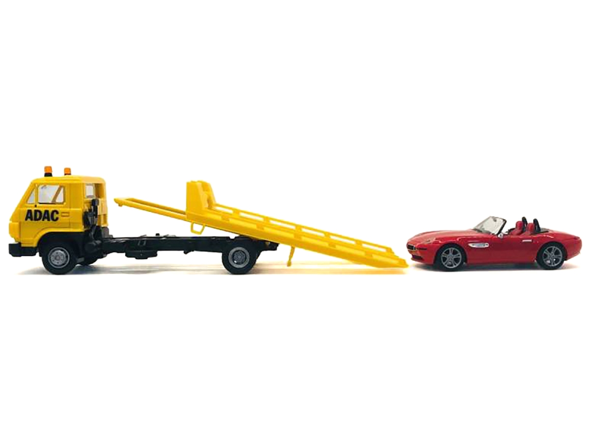 006594Y Flatbed Tow Truck ADAC Yellow & BMW Z4 Convertible Red 2 Piece 1-87 HO Scale Plastic Model Cars Set
