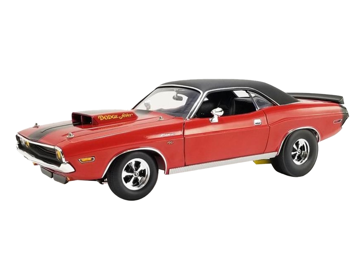 Picture of Acme A1806028 1970 Dodge Challenger R & T Dodge Fever Bright Red with Black Stripes & Black Vinyl Top Limited Edition to 588 Piece Worldwide 1-18 Scale Diecast Model Car