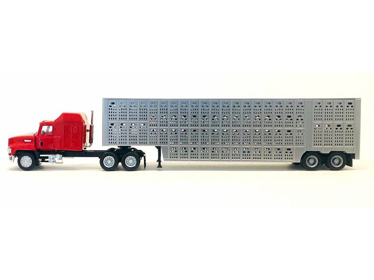 006349R Mack CH 613 with Sleeper Cab Red with Silver Livestock Trailer 1-87 HO Scale Plastic Model Car