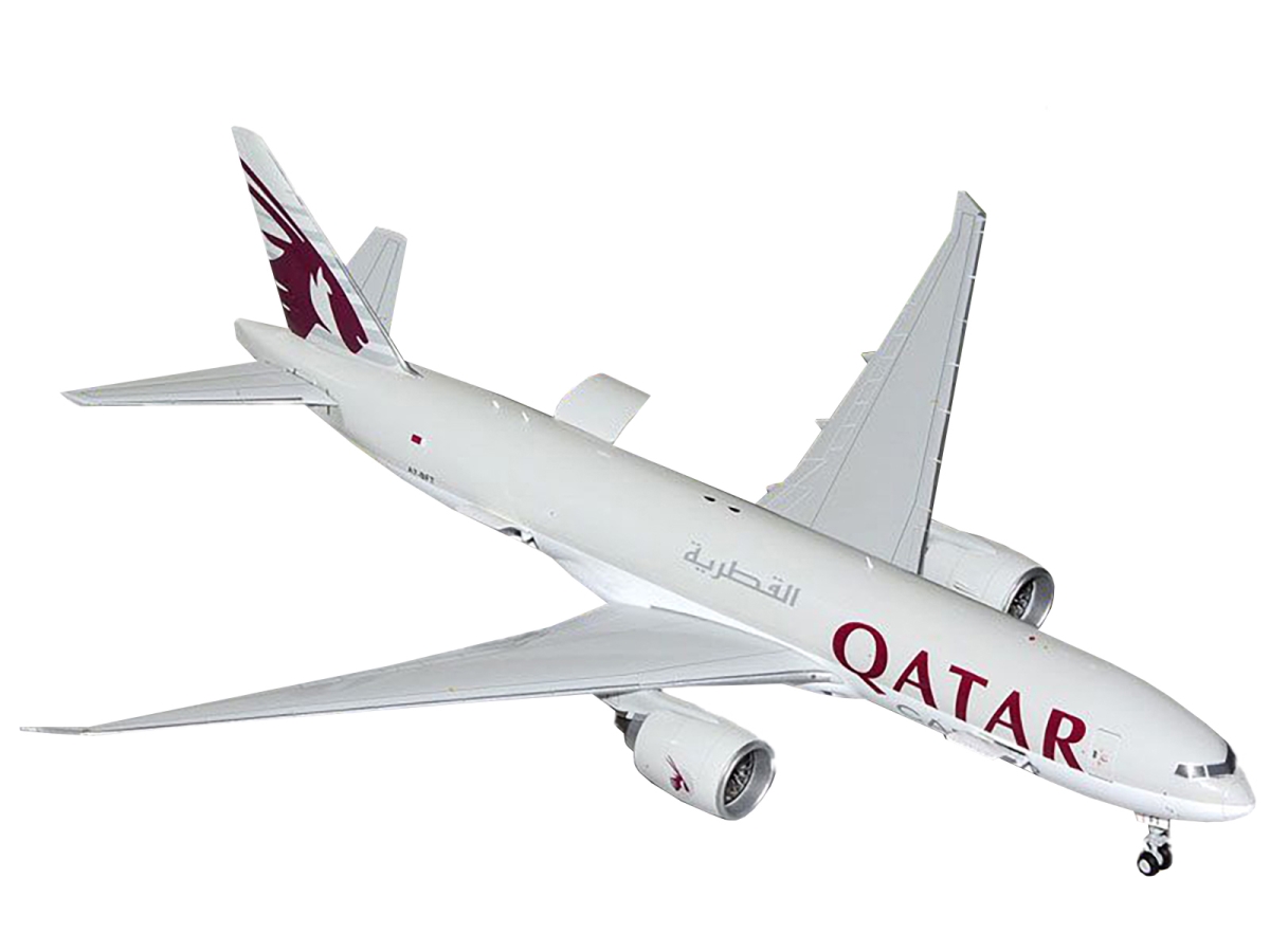 Boeing 777F Commercial Aircraft Qatar Cargo - A7-BFT Gray with Tail Graphics Gemini 200 - Interactive Series 1-2000 Scale Diecast Model Airplane