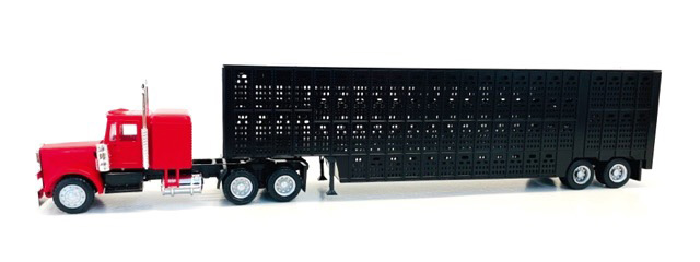 006347R Peterbilt with Sleeper Cab Red with Black Livestock Trailer 1-87 HO Scale Plastic Model Car