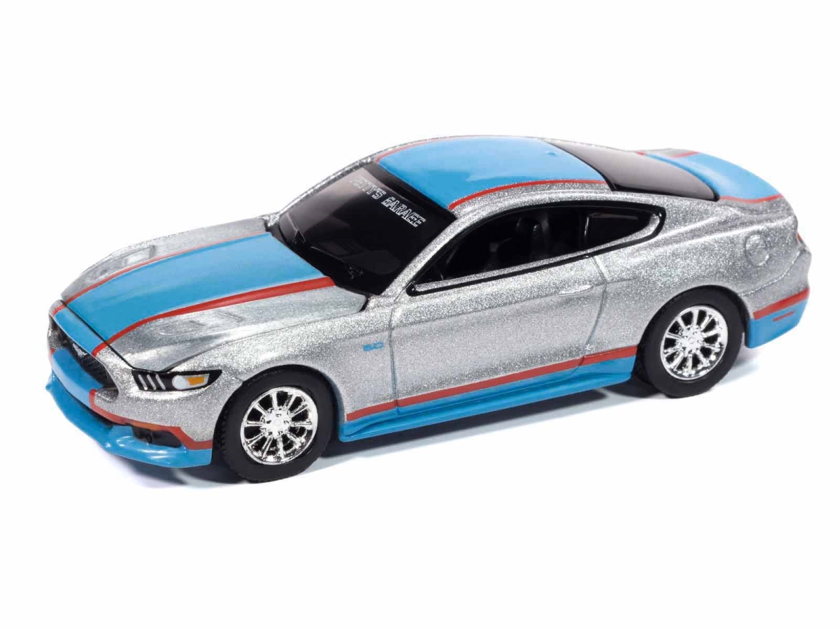 Autoworld  1-64 Scale 2017 Ford Mustang GT Tribute Edition Pettys Garage Ingot Modern Muscle Series Diecast Model Car - Silver, Blue & Red