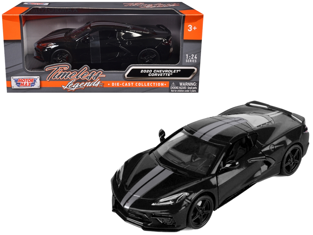 79360bk-s 2020 Chevrolet Corvette C8 Stingray Black with Silver Stripes Timeless Legends Series 1-24 Scale Diecast Model Car