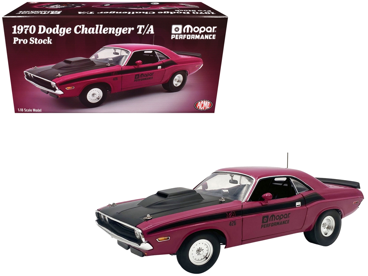 Picture of Acme A1806029 1970 Dodge Challenger T-A Pro Stock Mopar Performance Panther Pink with Black Stripes Hood 1-18 Scale Diecast Model Car - 350 Piece