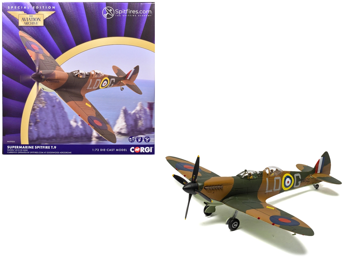Corgi AA29203 Supermarine Spitfire T.9 Aircraft SM520 Goodwood Aerodrome British Royal Air Force the Aviation Archive Series 1-72 Scale Diecast Model