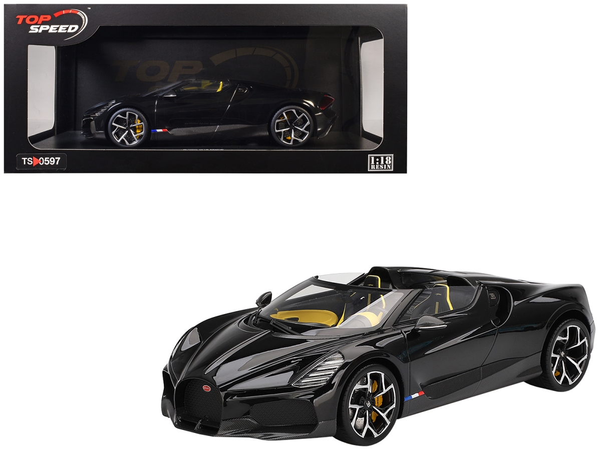 TS0597 Bugatti W16 Mistral Black with Yellow Interior 1-18 Scale Model Car