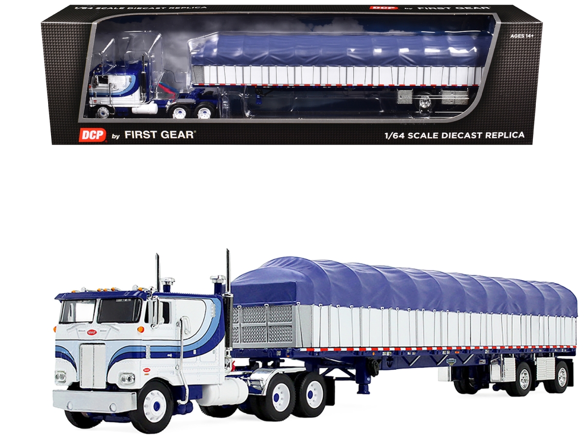 60-2057 Peterbilt 352 COE 110 Sleeper & 53 Wilson Roadbrute Flatbed Trailer with Covered Wagon White with Blue Stripes 1-64 Scale Diecast Model