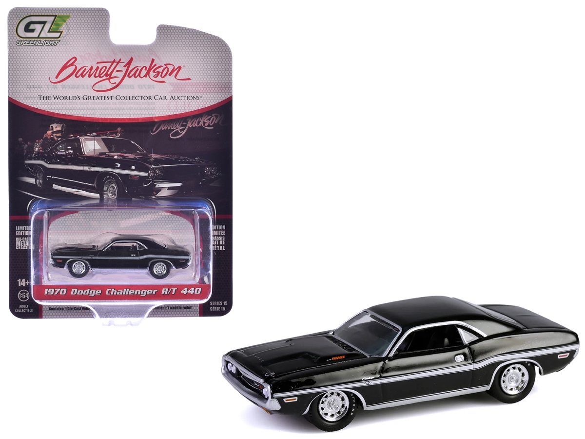 37320D 1970 Dodge Challenger R-T 440 Black with White Stripes Barrett-Jackson Series 15 1-64 Scale Diecast Model Car