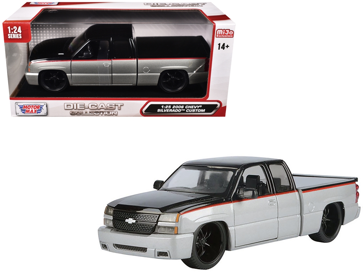 2006 Chevrolet Silverado Custom Pickup Truck Silver Metallic & Black with Red Stripes Die-Cast Collection Series 1-25 Scale Diecast Model Car