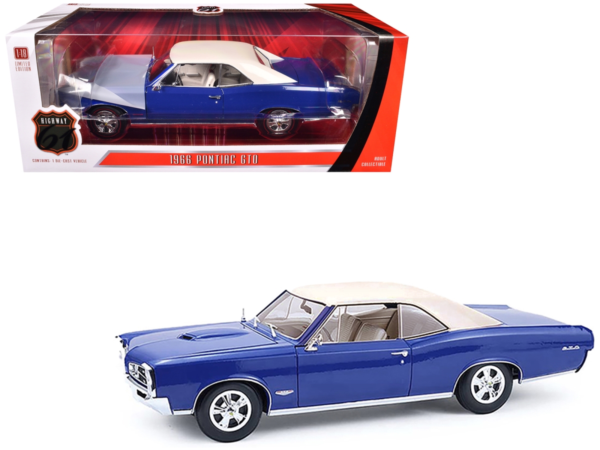 HWY-18047 1966 Pontiac GTO Barrier Blue with White Top & Interior 1-18 Scale Diecast Model Car