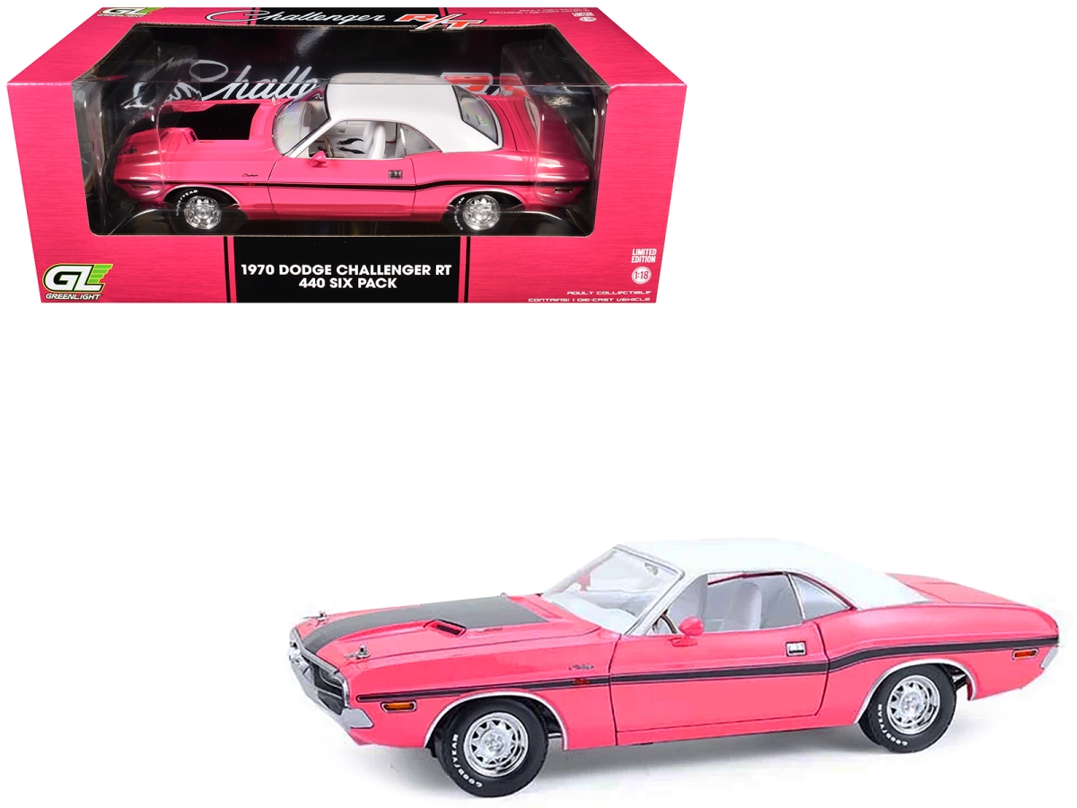 13699 1970 Dodge Challenger RT 440 Panther Pink with Black Stripes White Top & Interior 1-18 Scale Diecast Model Car - Pack of 6