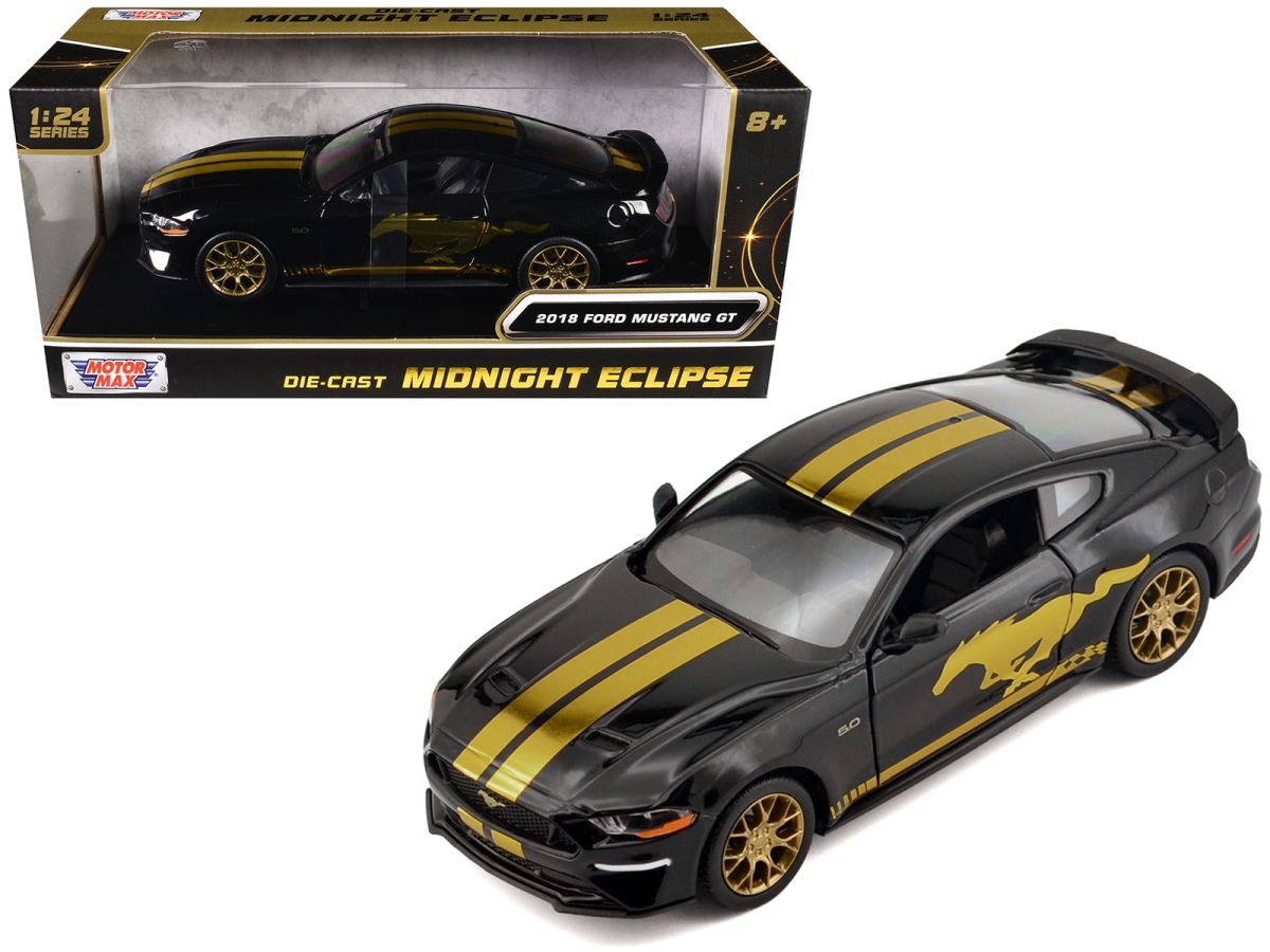 79204 2018 Ford Mustang GT 5.0 Black with Gold Stripes & Graphics Midnight Eclipse Series 1-24 Scale Diecast Model Car
