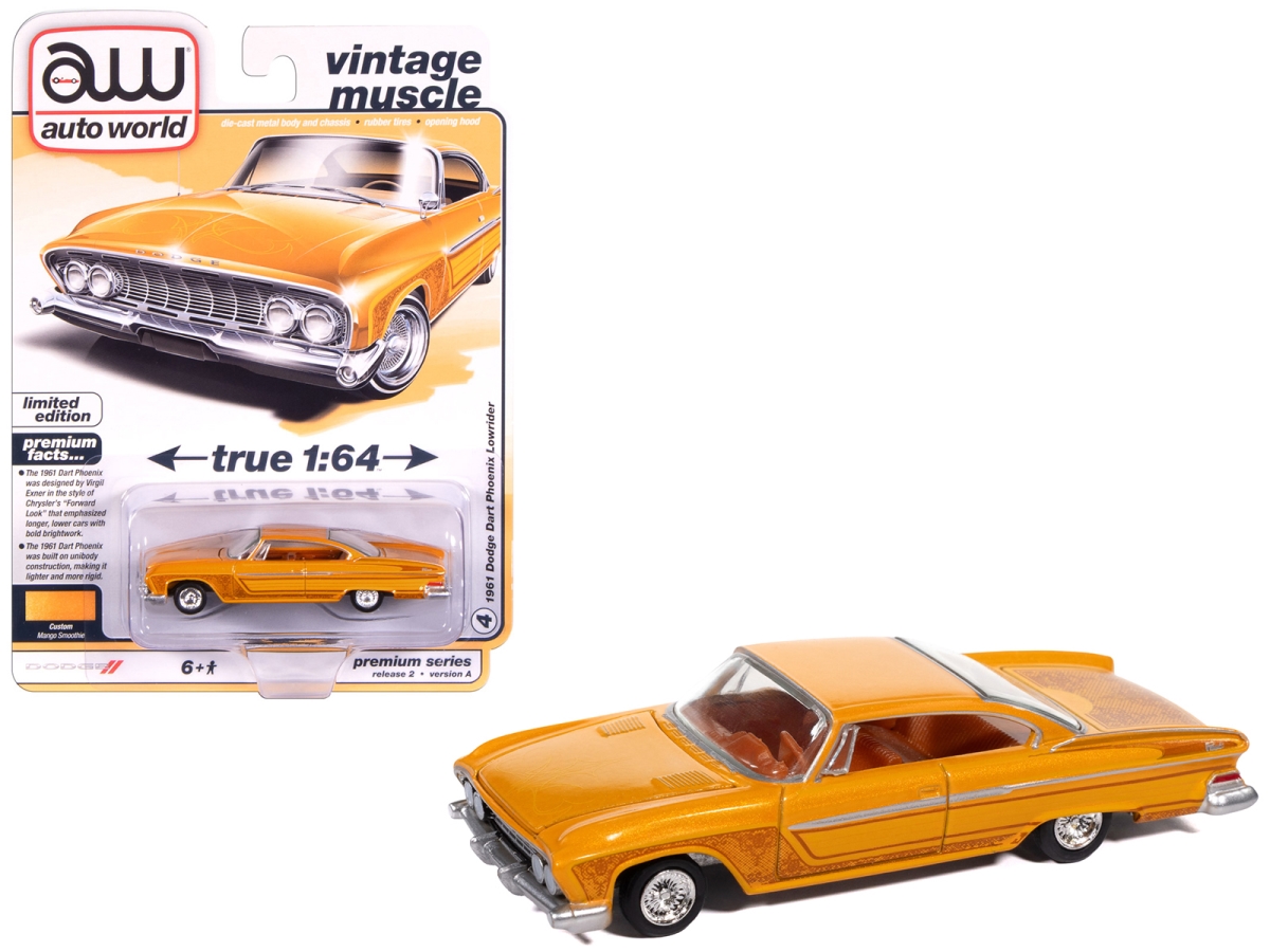 Autoworld  1961 Dodge Dart Phoenix Lowrider Mango Smoothie Metallic with Graphics & Orange Interior Vintage Muscle Series 1-64 Scale Diecast Model Car