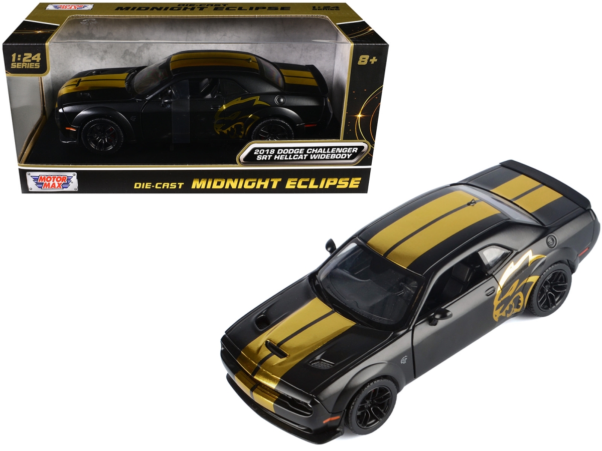 79201BK 2018 Dodge Challenger SRT Hellcat Widebody Matte Black with Gold Stripes & Graphics Midnight Eclipse Series 1-24 Scale Diecast Model Car