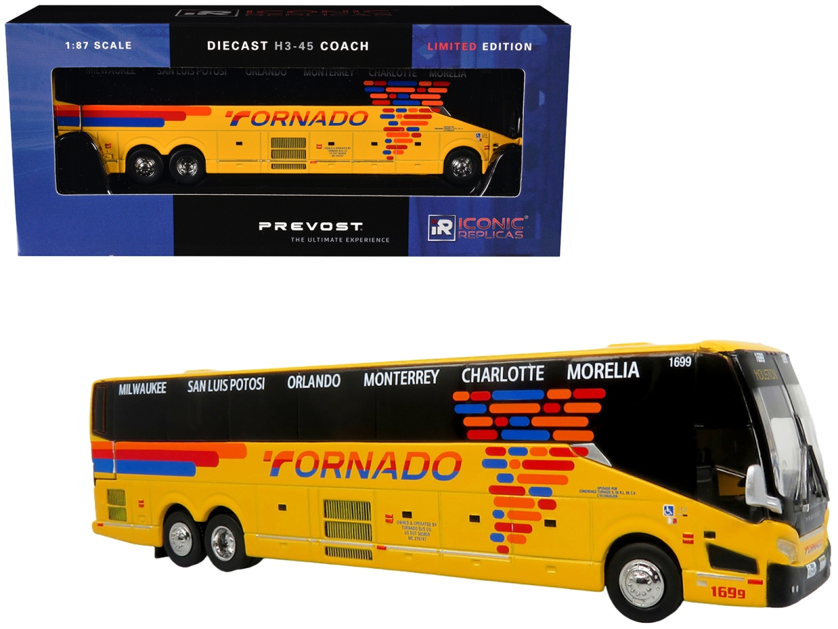 87-0612 Prevost H3-45 Coach Tornado Bus Company Yellow with Graphics Limited Edition 1-87 HO Scale Diecast Model Car