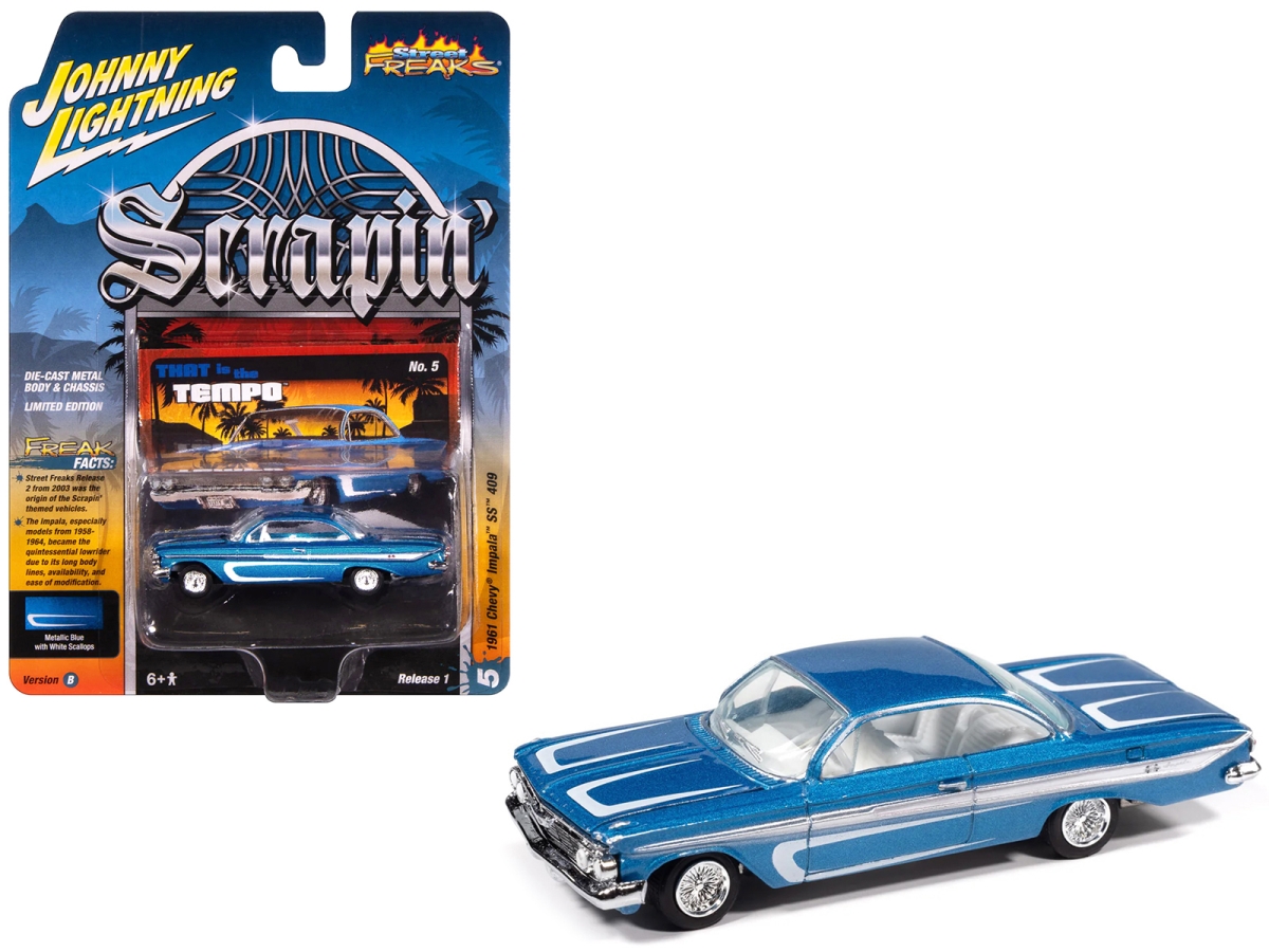 JLSF027-JLSP406B 1961 Chevrolet Impala SS 409 Blue Metallic with White Stripes & Interior Scrapin Series 1-64 Scale Diecast Model Car