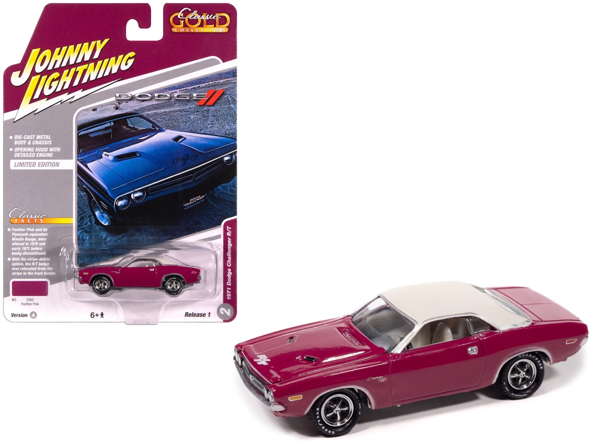 JLCG033-JLSP417A 1971 Dodge Challenger R-T Panther Pink with White Top & Interior Classic Gold Collection 1-64 Scale Diecast Model Car