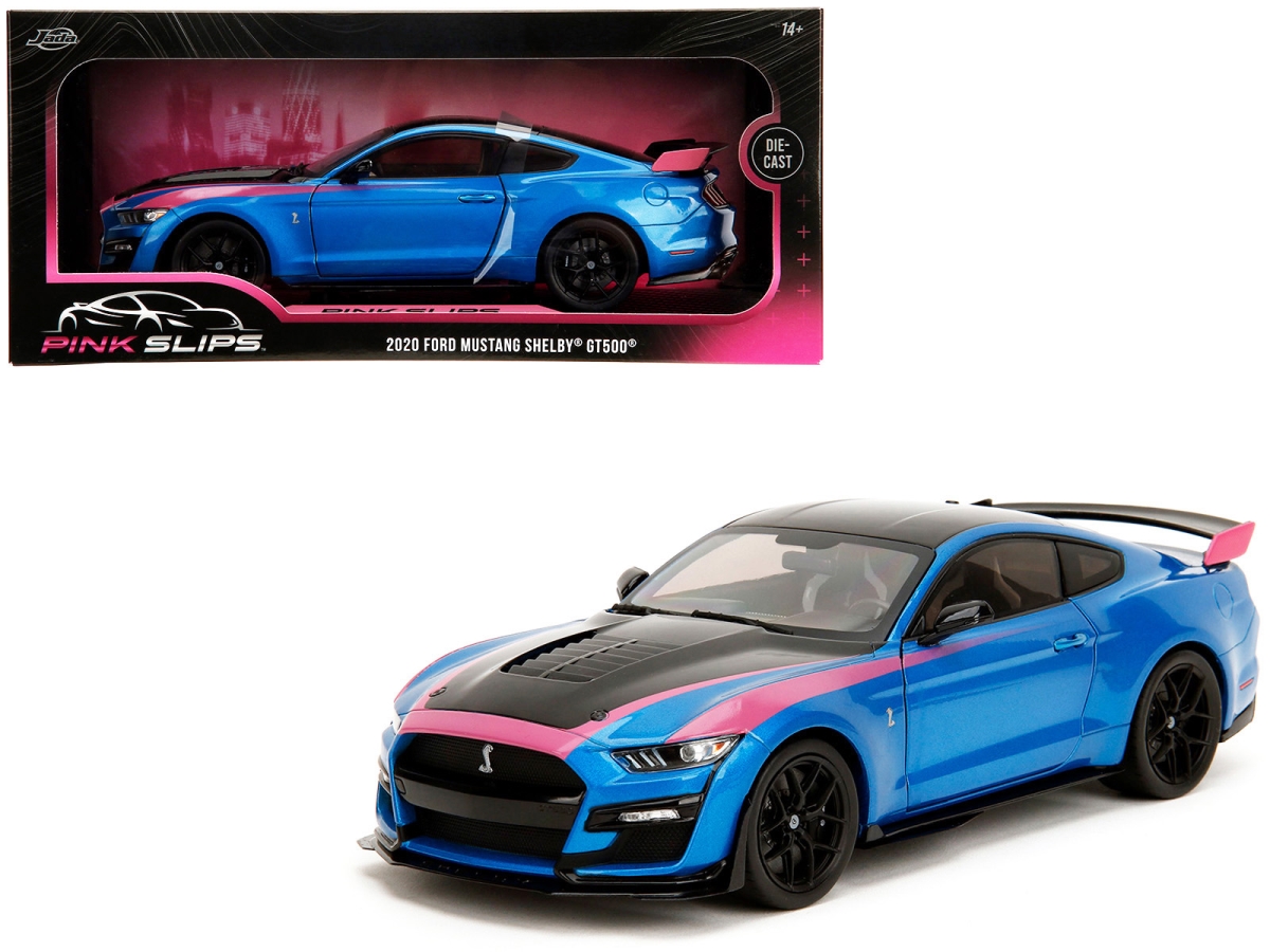 Jada 35723 Ford Mustang Shelby GT500 Blue Metallic with Pink Stripes & Black Hood & Top Pink Slips Series 1-18 Scale Diecast Model Car