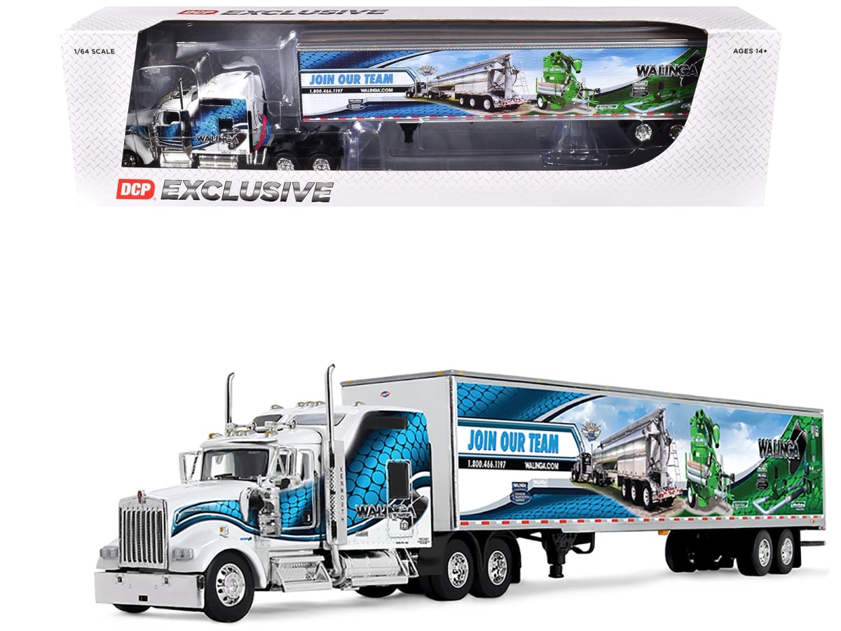 60-2167 Kenworth W900L with 86 Studio Sleeper & 53 Utility with Skirts Walinga White with Blue Graphics 1-64 Scale Diecast Model Trailer