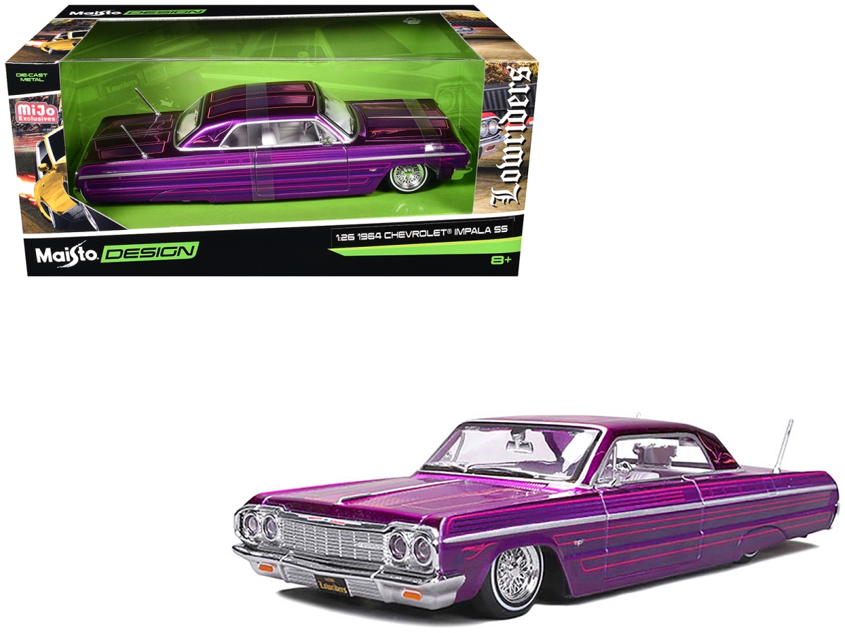 Maisto  1964 Chevrolet Impala SS Lowrider Candy Purple with Graphics & White Interior Lowriders Maisto Design Series 1-26 Scale Diecast Model Car