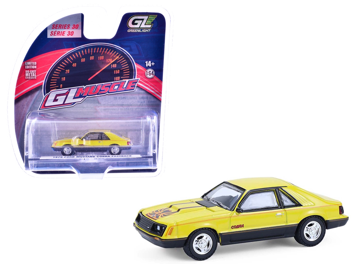 13370C 1979 Ford Mustang Cobra Fastback Bright Yellow with Cobra Good Graphics Green Light Muscle Series 30 1-64 Scale Diecast Model Car
